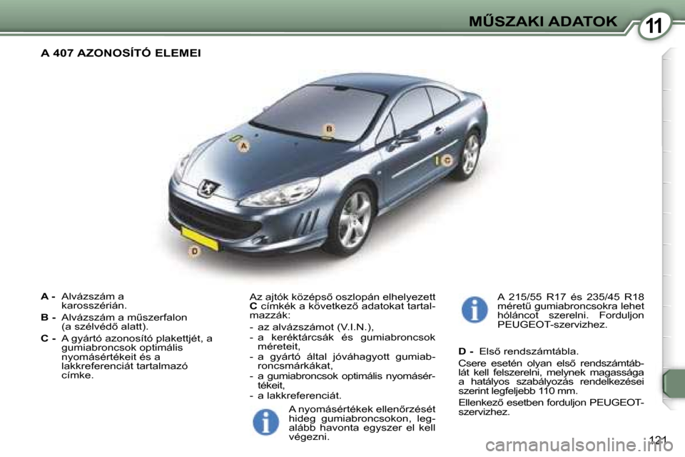 Peugeot 407 C 2007  Kezelési útmutató (in Hungarian) �1�1�MB�S�Z�A�K�I� �A�D�A�T�O�K
�1�2�1
�A� �-� �A�l�v�á�z�s�z�á�m� �a�  
�k�a�r�o�s�s�z�é�r�i�á�n�.
�B� �-�  �A�l�v�á�z�s�z�á�m� �a� �mC�s�z�e�r�f�a�l�o�n� 
�(�a� �s�z�é�l�v�é�d5� �a�l�a�t�