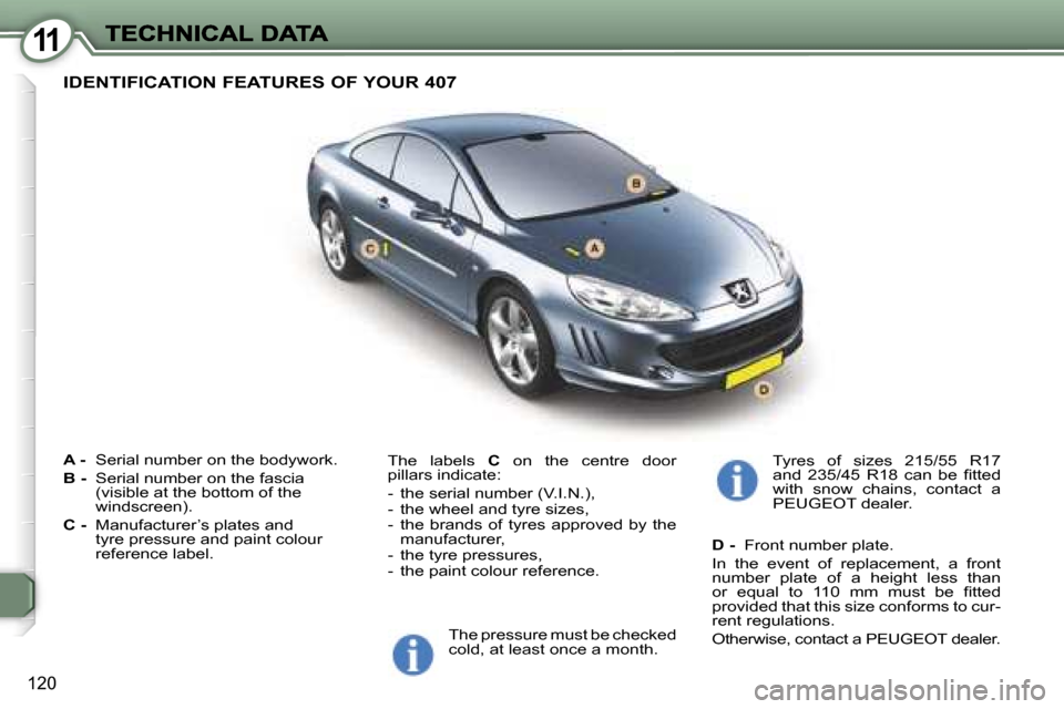 Peugeot 407 C 2006.5  Owners Manual �1�1
�1�2�0
�A� �-� �S�e�r�i�a�l� �n�u�m�b�e�r� �o�n� �t�h�e� �b�o�d�y�w�o�r�k�.
�B� �-� �S�e�r�i�a�l� �n�u�m�b�e�r� �o�n� �t�h�e� �f�a�s�c�i�a� �(�v�i�s�i�b�l�e� �a�t� �t�h�e� �b�o�t�t�o�m� �o�f� �t�