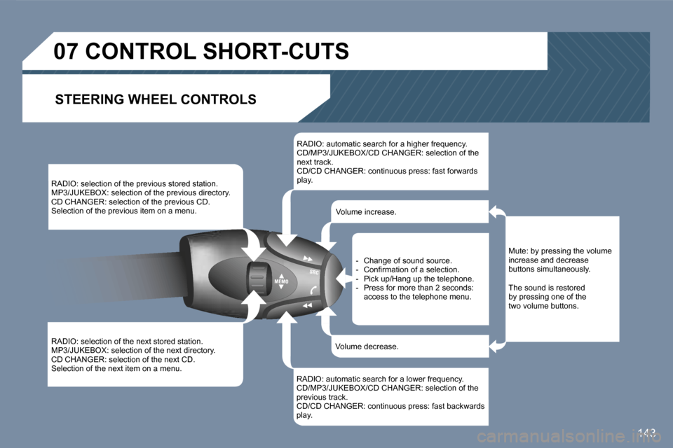 Peugeot 407 C 2006.5  Owners Manual �1�4�3
�R�A�D�I�O�:� �s�e�l�e�c�t�i�o�n� �o�f� �t�h�e� �p�r�e�v�i�o�u�s� �s�t�o�r�e�d� �s�t�a�t�i�o�n�.�M�P�3�/�J�U�K�E�B�O�X�:� �s�e�l�e�c�t�i�o�n� �o�f� �t�h�e� �p�r�e�v�i�o�u�s� �d�i�r�e�c�t�o�r�y�