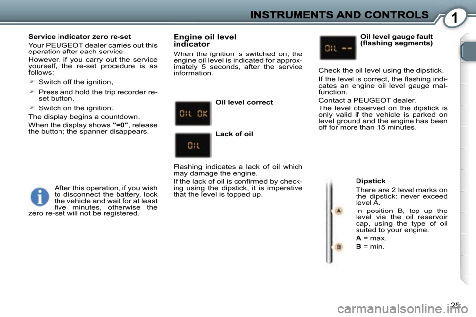 Peugeot 407 C 2006.5  Owners Manual �1
�2�5
�S�e�r�v�i�c�e� �i�n�d�i�c�a�t�o�r� �z�e�r�o� �r�e�-�s�e�t
�Y�o�u�r� �P�E�U�G�E�O�T� �d�e�a�l�e�r� �c�a�r�r�i�e�s� �o�u�t� �t�h�i�s� �o�p�e�r�a�t�i�o�n� �a�f�t�e�r� �e�a�c�h� �s�e�r�v�i�c�e�.�
