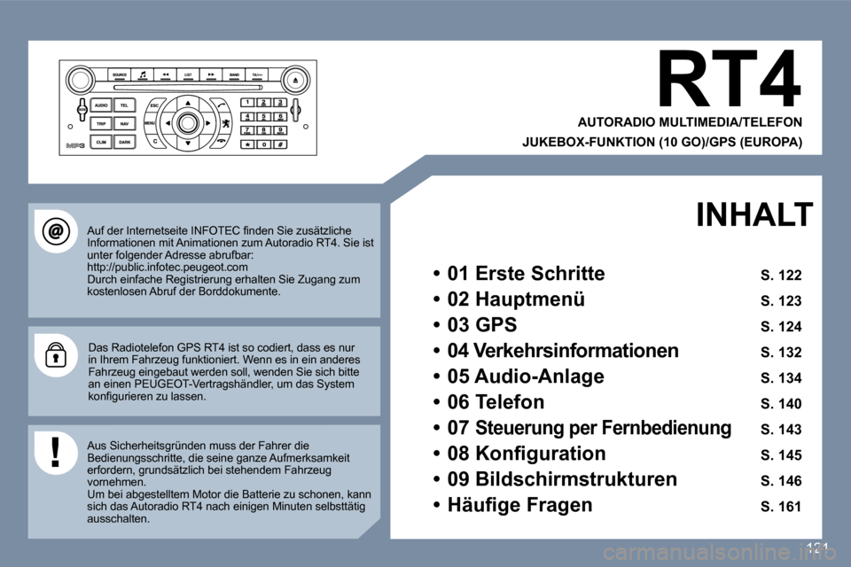 Peugeot 407 C 2006.5  Betriebsanleitung (in German) �1�2�1
�R�T�4
�A�U�T�O�R�A�D�I�O� �M�U�L�T�I�M�E�D�I�A�/�T�E�L�E�F�O�N� 
�J�U�K�E�B�O�X�-�F�U�N�K�T�I�O�N� �(�1�0� �G�O�)�/�G�P�S� �(�E�U�R�O�P�A�)� 
�A�u�f� �d�e�r� �I�n�t�e�r�n�e�t�s�e�i�t�e� �I�N�F
