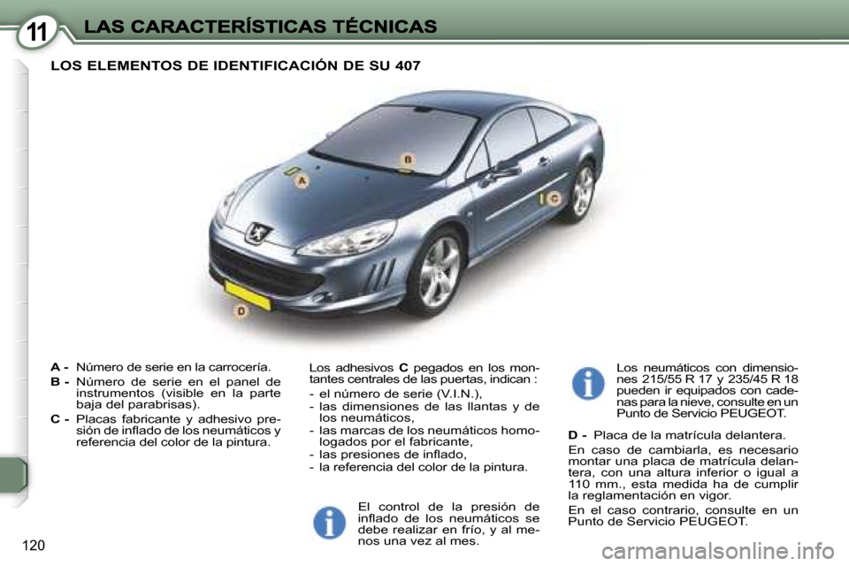 Peugeot 407 C 2006.5  Manual del propietario (in Spanish) �1�1
�1�2�0
�A� �-� �N�ú�m�e�r�o� �d�e� �s�e�r�i�e� �e�n� �l�a� �c�a�r�r�o�c�e�r�í�a�.
�B� �-� �N�ú�m�e�r�o�  �d�e�  �s�e�r�i�e�  �e�n�  �e�l�  �p�a�n�e�l�  �d�e� �i�n�s�t�r�u�m�e�n�t�o�s�  �(�v�i�