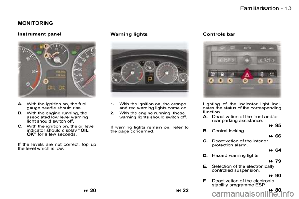Peugeot 407 C 2006  Owners Manual �1�3�F�a�m�i�l�i�a�r�i�s�a�t�i�o�n�-
�M�O�N�I�T�O�R�I�N�G
�I�n�s�t�r�u�m�e�n�t� �p�a�n�e�l
�� �2�0
�1�.�  �W�i�t�h� �t�h�e� �i�g�n�i�t�i�o�n� �o�n�,� �t�h�e� �o�r�a�n�g�e� 
�a�n�d� �r�e�d� �w�a�r�n