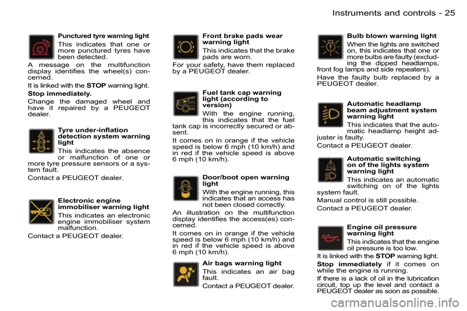 Peugeot 407 C 2006  Owners Manual �2�5�I�n�s�t�r�u�m�e�n�t�s� �a�n�d� �c�o�n�t�r�o�l�s�-
�T�y�r�e� �u�n�d�e�r�-�i�n�ﬂ�a�t�i�o�n 
�d�e�t�e�c�t�i�o�n� �s�y�s�t�e�m� �w�a�r�n�i�n�g� 
�l�i�g�h�t 
�T�h�i�s�  �i�n�d�i�c�a�t�e�s�  �t�h�e� 
