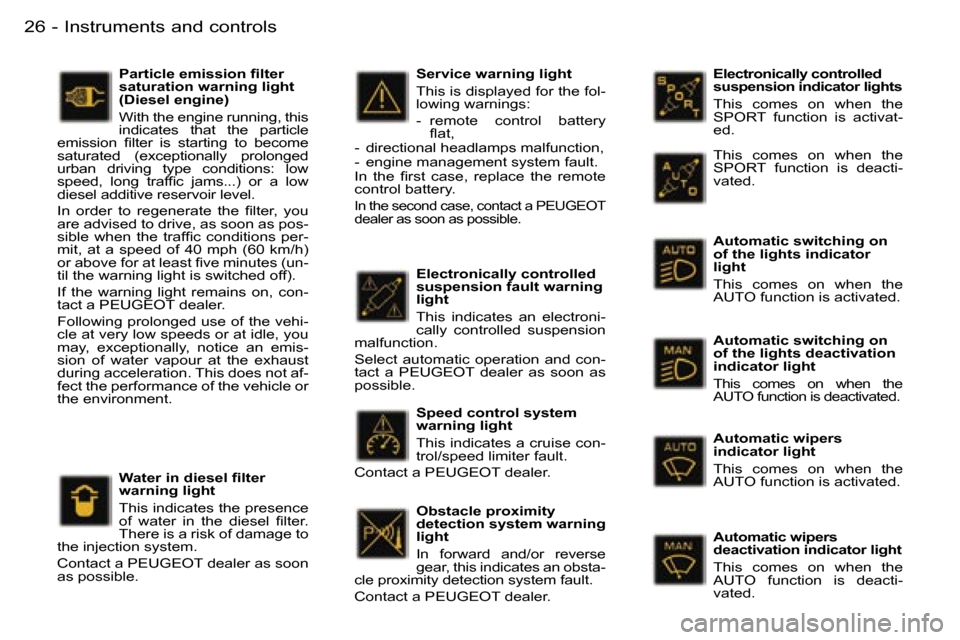 Peugeot 407 C 2006  Owners Manual �I�n�s�t�r�u�m�e�n�t�s� �a�n�d� �c�o�n�t�r�o�l�s�2�6 �-
�E�l�e�c�t�r�o�n�i�c�a�l�l�y� �c�o�n�t�r�o�l�l�e�d�  
�s�u�s�p�e�n�s�i�o�n� �i�n�d�i�c�a�t�o�r� �l�i�g�h�t�s 
�T�h�i�s�  �c�o�m�e�s�  �o�n�  �w�