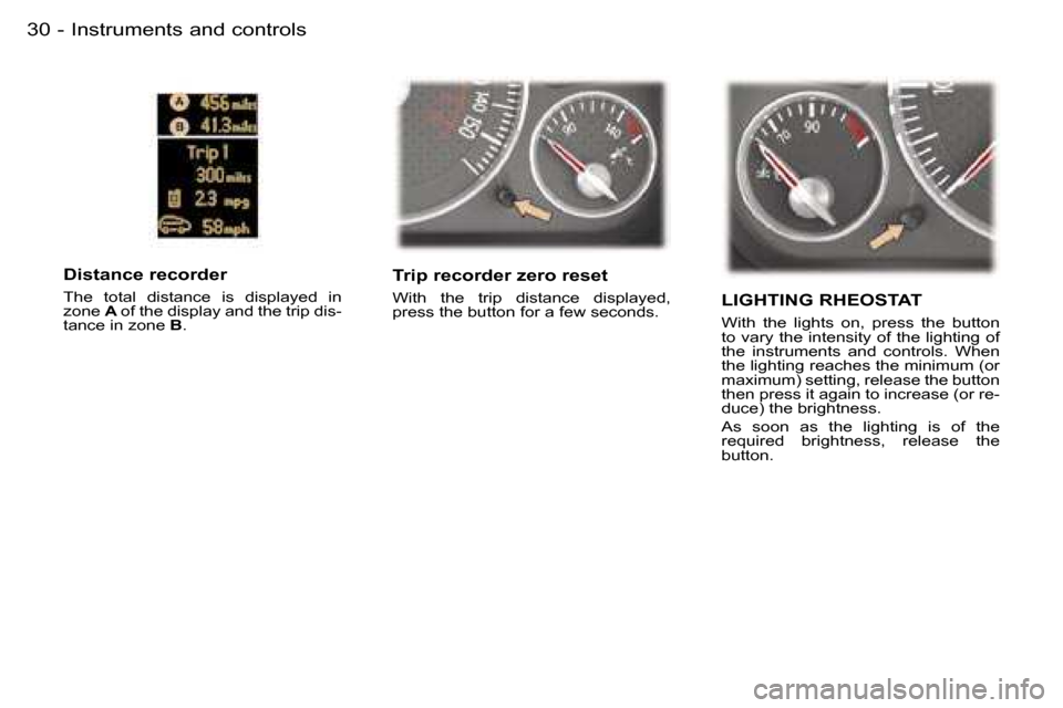 Peugeot 407 C 2006  Owners Manual �I�n�s�t�r�u�m�e�n�t�s� �a�n�d� �c�o�n�t�r�o�l�s�3�0 �-
�T�r�i�p� �r�e�c�o�r�d�e�r� �z�e�r�o� �r�e�s�e�t
�W�i�t�h�  �t�h�e�  �t�r�i�p�  �d�i�s�t�a�n�c�e�  �d�i�s�p�l�a�y�e�d�,�  
�p�r�e�s�s� �t�h�e� �