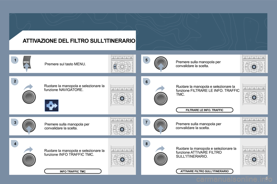 Peugeot 407 C 2006  Manuale del proprietario (in Italian) �8
�1
�2
�3
�4
�5
�6
�7
�8
�A�T�T�I�V�A�Z�I�O�N�E� �D�E�L� �F�I�L�T�R�O� �S�U�L�L��I�T�I�N�E�R�A�R�I�O
�P�r�e�m�e�r�e� �s�u�l� �t�a�s�t�o� �M�E�N�U�.
�R�u�o�t�a�r�e� �l�a� �m�a�n�o�p�o�l�a� �e� �s�e�