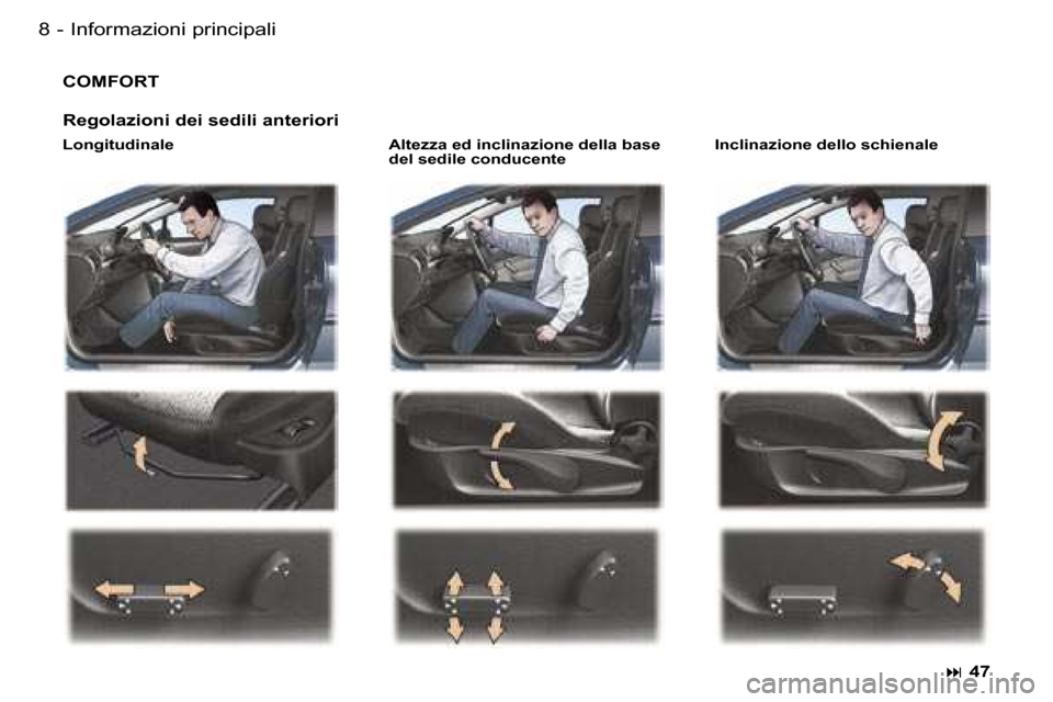 Peugeot 407 C 2006  Manuale del proprietario (in Italian) �I�n�f�o�r�m�a�z�i�o�n�i� �p�r�i�n�c�i�p�a�l�i�8 �-
�A�l�t�e�z�z�a� �e�d� �i�n�c�l�i�n�a�z�i�o�n�e� �d�e�l�l�a� �b�a�s�e�  
�d�e�l� �s�e�d�i�l�e� �c�o�n�d�u�c�e�n�t�e�I�n�c�l�i�n�a�z�i�o�n�e� �d�e�l�l