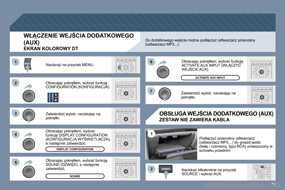 Peugeot 407 C 2006  Instrukcja Obsługi (in Polish) �1�8
�2 
�3 
�4�5 �6 
�7
�2
�1
�1
�W�Ł�C�Z�E�N�I�E� �W�E�J:�C�I�A� �D�O�D�A�T�K�O�W�E�G�O�  
�(�A�U�X�)
�E�K�R�A�N� �K�O�L�O�R�O�W�Y� �D�T
�N�a�c�i�s�n"�ć� �n�a� �p�r�z�y�c�i�s�k� �M�E�N�U�.�  
