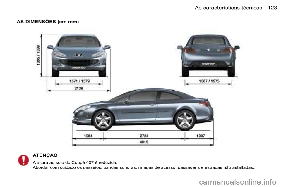 Peugeot 407 C 2006  Manual do proprietário (in Portuguese) �1�2�3�A�s� �c�a�r�a�c�t�e�r�í�s�t�i�c�a�s� �t�é�c�n�i�c�a�s�-
�A�S� �D�I�M�E�N�S�Õ�E�S� �(�e�m� �m�m�)�A�T�E�N�Ç�Ã�O
�A� �a�l�t�u�r�a� �a�o� �s�o�l�o� �d�o� �C�o�u�p�é� �4�0�7� �é� �r�e�d�u�z�