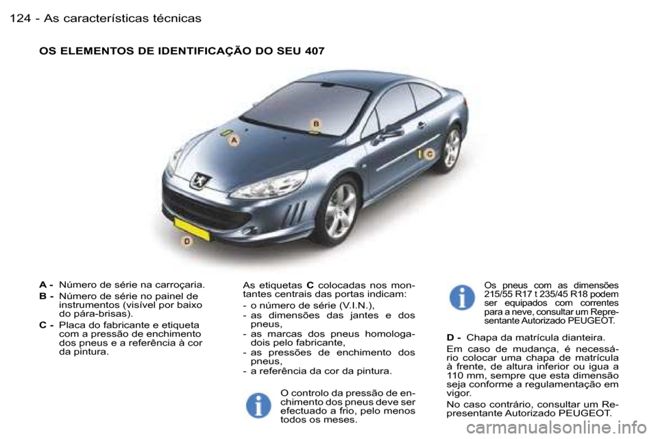 Peugeot 407 C 2006  Manual do proprietário (in Portuguese) �A�s� �c�a�r�a�c�t�e�r�í�s�t�i�c�a�s� �t�é�c�n�i�c�a�s�1�2�4 �-
�A� �-� �N�ú�m�e�r�o� �d�e� �s�é�r�i�e� �n�a� �c�a�r�r�o�ç�a�r�i�a�.
�B� �-�  �N�ú�m�e�r�o� �d�e� �s�é�r�i�e� �n�o� �p�a�i�n�e�l�