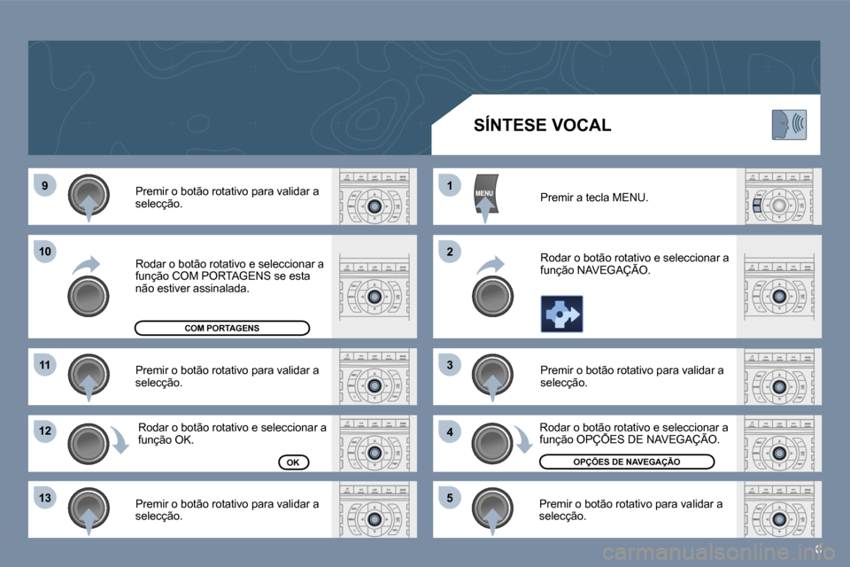 Peugeot 407 C 2006  Manual do proprietário (in Portuguese) �6
�9
�1�0
�1�1
�1�2 
�1�3 �1 
�2 
�3 
�4
�5�P�r�e�m�i�r� �o� �b�o�t�ã�o� �r�o�t�a�t�i�v�o� �p�a�r�a� �v�a�l�i�d�a�r� �a�  
�s�e�l�e�c�ç�ã�o�. 
�P�r�e�m�i�r� �o� �b�o�t�ã�o� �r�o�t�a�t�i�v�o� �p�a