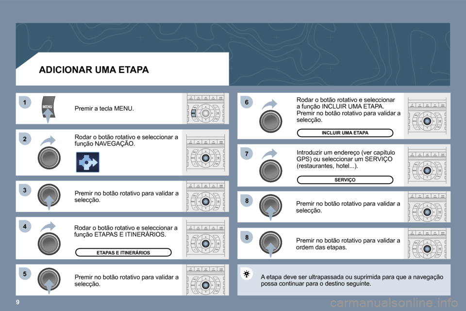 Peugeot 407 C 2006  Manual do proprietário (in Portuguese) �1
�2
�3
�4�6
�5
�7
�8
�8
�9
�A�D�I�C�I�O�N�A�R� �U�M�A� �E�T�A�P�A� 
�P�r�e�m�i�r� �a� �t�e�c�l�a� �M�E�N�U�. 
�R�o�d�a�r� �o� �b�o�t�ã�o� �r�o�t�a�t�i�v�o� �e� �s�e�l�e�c�c�i�o�n�a�r� �a�  
�f�u�n�