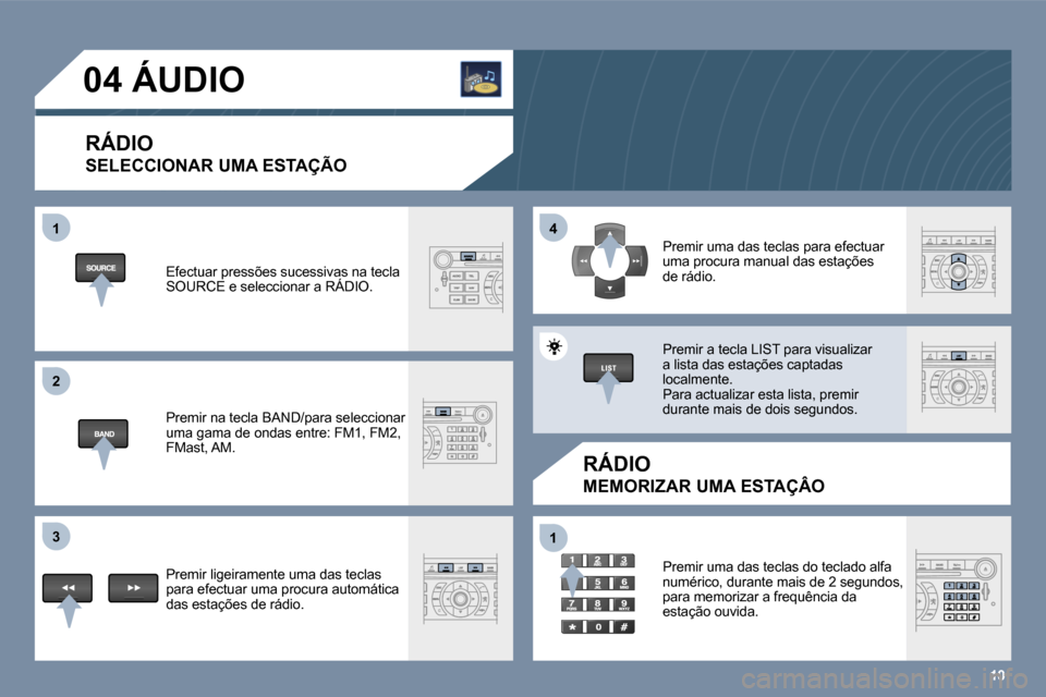 Peugeot 407 C 2006  Manual do proprietário (in Portuguese) �1�0
�1 
�2 
�3�4 
�1
�0�4� �Á�U�D�I�O� 
�R�Á�D�I�O 
�S�E�L�E�C�C�I�O�N�A�R� �U�M�A� �E�S�T�A�Ç�Ã�O
�R�Á�D�I�O
�M�E�M�O�R�I�Z�A�R� �U�M�A� �E�S�T�A�Ç�Â�O
�E�f�e�c�t�u�a�r� �p�r�e�s�s�õ�e�s� �s