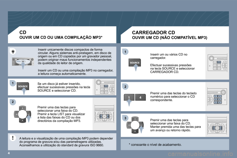 Peugeot 407 C 2006  Manual do proprietário (in Portuguese) �1 
�2 
�3
�4
�1 
�2
�C�A�R�R�E�G�A�D�O�R� �C�D� 
�O�U�V�I�R� �U�M� �C�D� �(�N�Ã�O� �C�O�M�P�A�T�Í�V�E�L� �M�P�3�)
�I�n�s�e�r�i�r� �u�m� �o�u� �v�á�r�i�o�s� �C�D� �n�o�  
�c�a�r�r�e�g�a�d�o�r�. 
�E