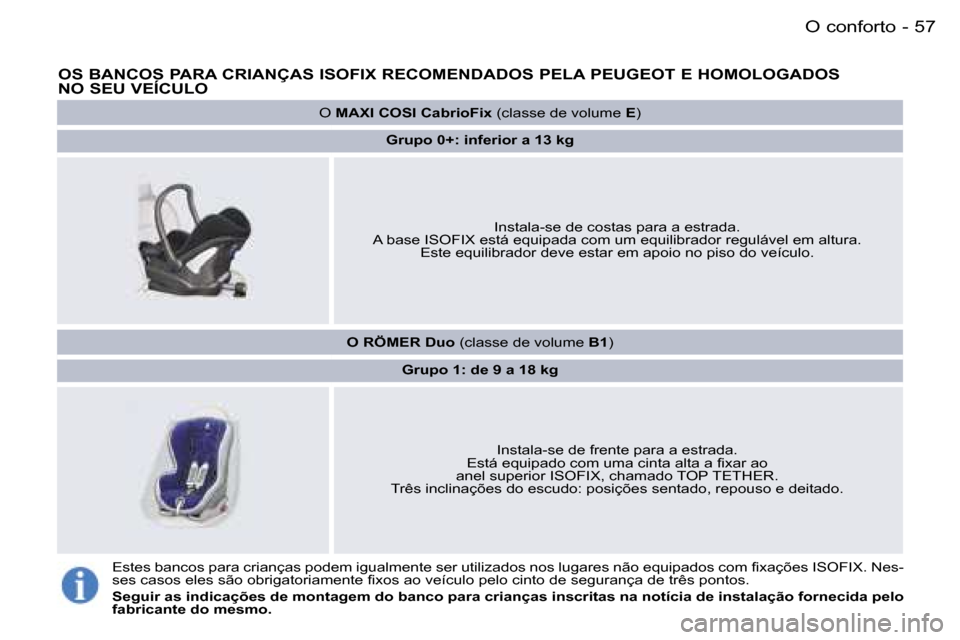 Peugeot 407 C 2006  Manual do proprietário (in Portuguese) �5�7�O� �c�o�n�f�o�r�t�o�-
�O�S� �B�A�N�C�O�S� �P�A�R�A� �C�R�I�A�N�Ç�A�S� �I�S�O�F�I�X� �R�E�C�O�M�E�N�D�A�D�O�S� �P�E�L�A� �P�E�U�G�E�O�T� �E� �H�O�M�O�L�O�G�A�D�O�S� � 
�N�O� �S�E�U� �V�E�Í�C�U�L