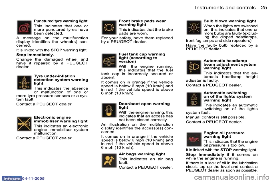 Peugeot 407 C 2005.5  Owners Manual �I�n�s�t�r�u�m�e�n�t�s� �a�n�d� �c�o�n�t�r�o�l�s�2�4 �-
�0�4�-�1�1�-�2�0�0�5
�2�5�I�n�s�t�r�u�m�e�n�t�s� �a�n�d� �c�o�n�t�r�o�l�s�-
�0�4�-�1�1�-�2�0�0�5
�T�y�r�e� �u�n�d�e�r�-�i�n�l�a�t�i�o�n�  
�d�e�