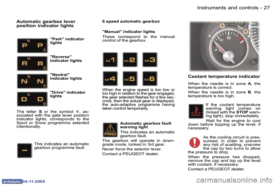 Peugeot 407 C 2005.5  Owners Manual �I�n�s�t�r�u�m�e�n�t�s� �a�n�d� �c�o�n�t�r�o�l�s�2�6 �-
�0�4�-�1�1�-�2�0�0�5
�2�7�I�n�s�t�r�u�m�e�n�t�s� �a�n�d� �c�o�n�t�r�o�l�s�-
�0�4�-�1�1�-�2�0�0�5
�C�o�o�l�a�n�t� �t�e�m�p�e�r�a�t�u�r�e� �i�n�d�