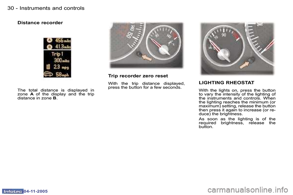 Peugeot 407 C 2005.5  Owners Manual �I�n�s�t�r�u�m�e�n�t�s� �a�n�d� �c�o�n�t�r�o�l�s�3�0 �-
�0�4�-�1�1�-�2�0�0�5
�3�1�I�n�s�t�r�u�m�e�n�t�s� �a�n�d� �c�o�n�t�r�o�l�s�-
�0�4�-�1�1�-�2�0�0�5
�T�r�i�p� �r�e�c�o�r�d�e�r� �z�e�r�o� �r�e�s�e�