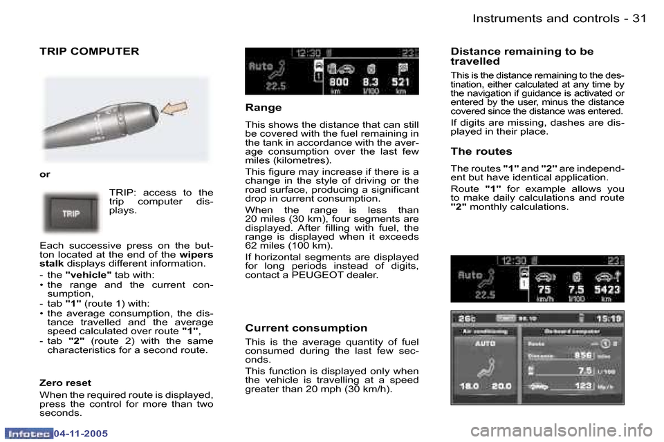 Peugeot 407 C 2005.5  Owners Manual �I�n�s�t�r�u�m�e�n�t�s� �a�n�d� �c�o�n�t�r�o�l�s�3�0 �-
�0�4�-�1�1�-�2�0�0�5
�3�1�I�n�s�t�r�u�m�e�n�t�s� �a�n�d� �c�o�n�t�r�o�l�s�-
�0�4�-�1�1�-�2�0�0�5
�T�R�I�P� �C�O�M�P�U�T�E�R
�o�r�T�R�I�P�:�  �a�
