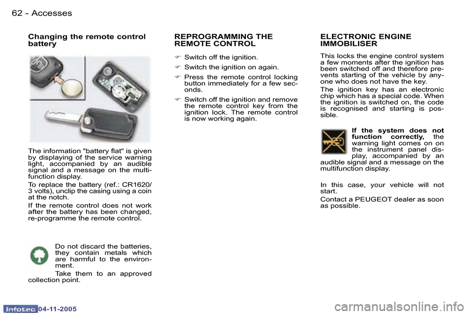 Peugeot 407 C 2005.5  Owners Manual �A�c�c�e�s�s�e�s�6�2 �-
�0�4�-�1�1�-�2�0�0�5
�6�3�A�c�c�e�s�s�e�s�-
�0�4�-�1�1�-�2�0�0�5
�C�h�a�n�g�i�n�g� �t�h�e� �r�e�m�o�t�e� �c�o�n�t�r�o�l�  
�b�a�t�t�e�r�y�R�E�P�R�O�G�R�A�M�M�I�N�G� �T�H�E� 
�R