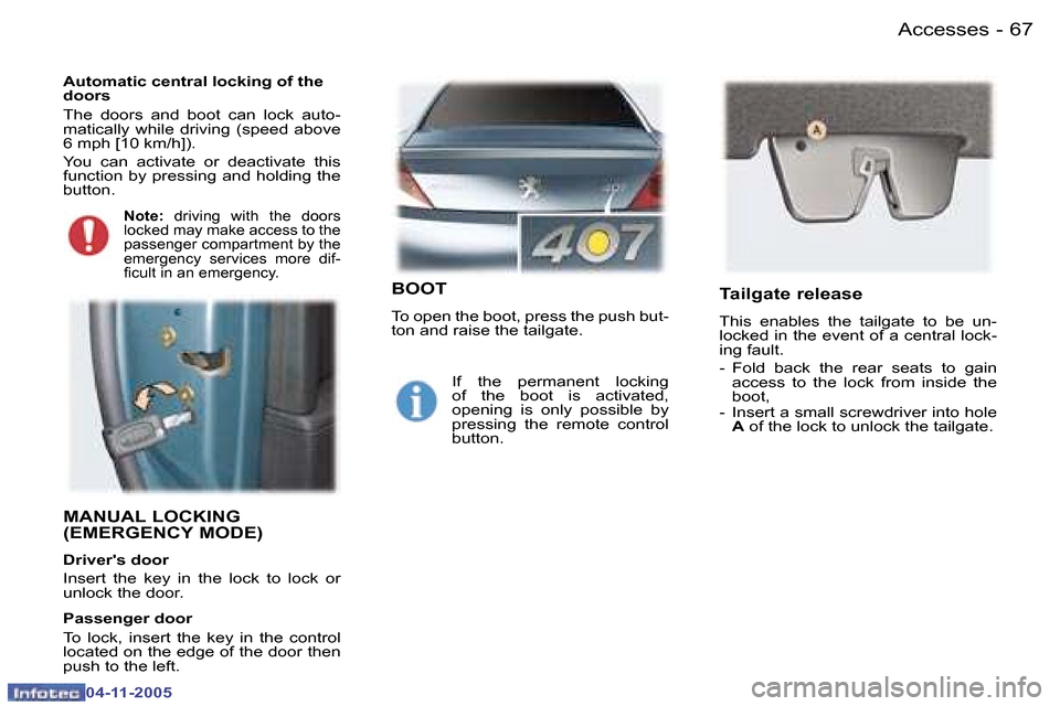 Peugeot 407 C 2005.5  Owners Manual �A�c�c�e�s�s�e�s�6�6 �-
�0�4�-�1�1�-�2�0�0�5
�6�7�A�c�c�e�s�s�e�s�-
�0�4�-�1�1�-�2�0�0�5
�M�A�N�U�A�L� �L�O�C�K�I�N�G�  
�(�E�M�E�R�G�E�N�C�Y� �M�O�D�E�)
�D�r�i�v�e�r��s� �d�o�o�r 
�I�n�s�e�r�t�  �t�