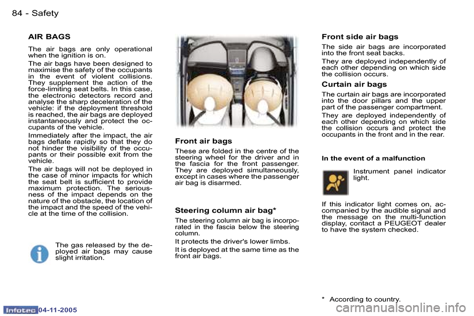 Peugeot 407 C 2005.5  Owners Manual �S�a�f�e�t�y�8�4 �-
�0�4�-�1�1�-�2�0�0�5
�8�5�S�a�f�e�t�y�-
�0�4�-�1�1�-�2�0�0�5
�A�I�R� �B�A�G�S
�T�h�e�  �a�i�r�  �b�a�g�s�  �a�r�e�  �o�n�l�y�  �o�p�e�r�a�t�i�o�n�a�l�  
�w�h�e�n� �t�h�e� �i�g�n�i�