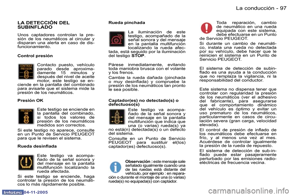 Peugeot 407 C 2005.5  Manual del propietario (in Spanish) �9�6 �-
�0�4�-�1�1�-�2�0�0�5
�9�7
�-
�0�4�-�1�1�-�2�0�0�5
�L�A� �D�E�T�E�C�C�I�Ó�N� �D�E�L�  
�S�U�B�I�N�F�L�A�D�O
�U�n�o�s�  �c�a�p�t�a�d�o�r�e�s�  �c�o�n�t�r�o�l�a�n�  �l�a�  �p�r�e�- 
�s�i�ó�n�  