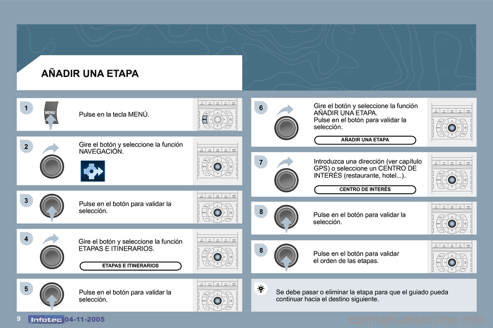 Peugeot 407 C 2005.5  Manual del propietario (in Spanish) �1
�2
�3
�4�6
�5
�7
�8
�8
�9�0�4�-�1�1�-�2�0�0�5�0�4�-�1�1�-�2�0�0�5
�A�Ñ�A�D�I�R� �U�N�A� �E�T�A�P�A
�P�u�l�s�e� �e�n� �l�a� �t�e�c�l�a� �M�E�N�Ú�. 
�G�i�r�e� �e�l� �b�o�t�ó�n� �y� �s�e�l�e�c�c�i�