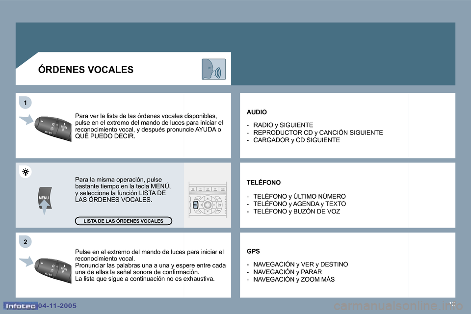 Peugeot 407 C 2005.5  Manual del propietario (in Spanish) �1�6
�2
�1
�0�4�-�1�1�-�2�0�0�5�0�4�-�1�1�-�2�0�0�5
�P�u�l�s�e� �e�n� �e�l� �e�x�t�r�e�m�o� �d�e�l� �m�a�n�d�o� �d�e� �l�u�c�e�s� �p�a�r�a� �i�n�i�c�i�a�r
� �e�l� 
�r�e�c�o�n�o�c�i�m�i�e�n�t�o� �v�o�c