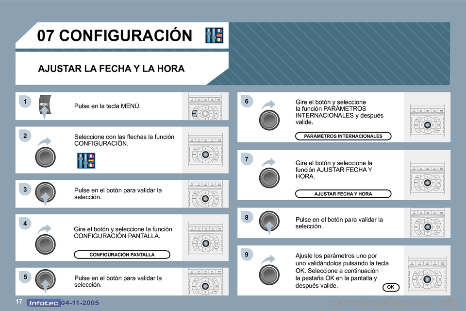 Peugeot 407 C 2005.5  Manual del propietario (in Spanish) �1�7
�1 
�2 
�3 
�4�5 �6 
�7 
�8 
�9
�0�7� �C�O�N�F�I�G�U�R�A�C�I�Ó�N
�A�J�U�S�T�A�R� �L�A� �F�E�C�H�A� �Y� �L�A� �H�O�R�A
�P�u�l�s�e� �e�n� �l�a� �t�e�c�l�a� �M�E�N�Ú�. 
�S�e�l�e�c�c�i�o�n�e� �c�o�