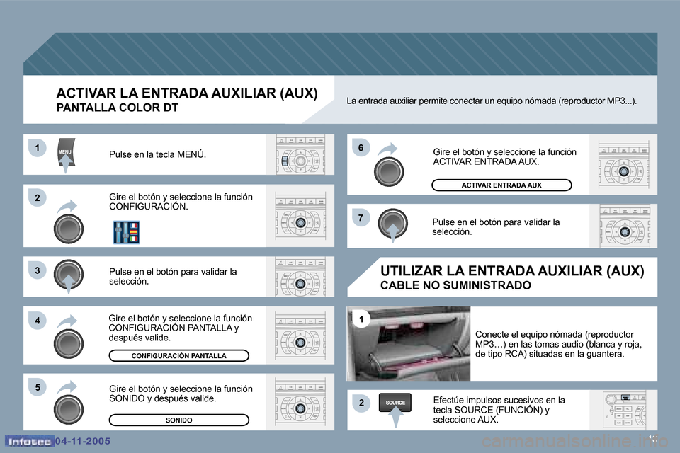 Peugeot 407 C 2005.5  Manual del propietario (in Spanish) �1�8
�2 
�3 
�4�5 �6 
�7
�2
�1
�1
�A�C�T�I�V�A�R� �L�A� �E�N�T�R�A�D�A� �A�U�X�I�L�I�A�R� �(�A�U�X�)
�P�A�N�T�A�L�L�A� �C�O�L�O�R� �D�T
�P�u�l�s�e� �e�n� �l�a� �t�e�c�l�a� �M�E�N�Ú�.�  
�G�i�r�e� �e�