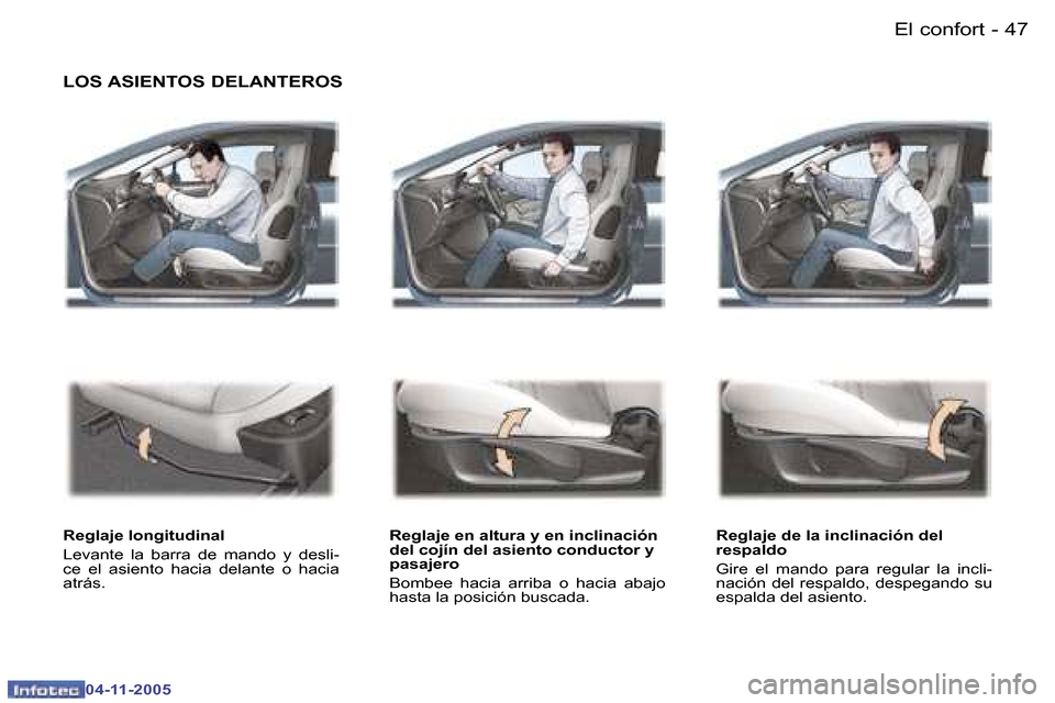 Peugeot 407 C 2005.5  Manual del propietario (in Spanish) �4�6 �-
�0�4�-�1�1�-�2�0�0�5
�4�7
�-
�0�4�-�1�1�-�2�0�0�5
�L�O�S� �A�S�I�E�N�T�O�S� �D�E�L�A�N�T�E�R�O�S
�R�e�g�l�a�j�e� �l�o�n�g�i�t�u�d�i�n�a�l 
�L�e�v�a�n�t�e�  �l�a�  �b�a�r�r�a�  �d�e�  �m�a�n�d�
