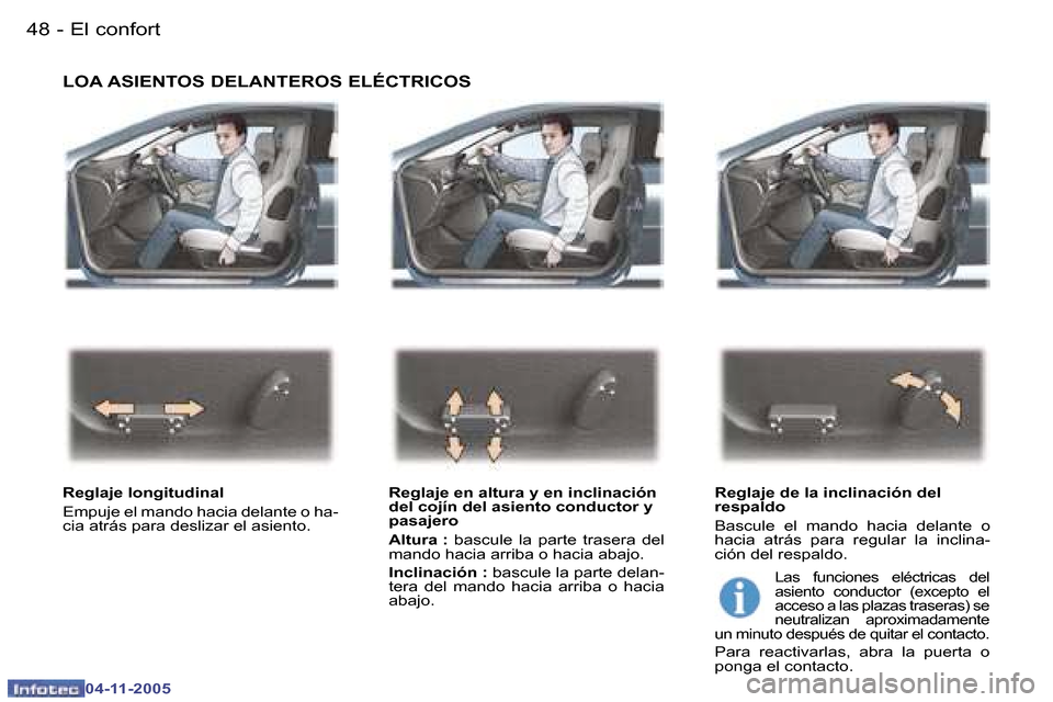 Peugeot 407 C 2005.5  Manual del propietario (in Spanish) �4�8 �-
�0�4�-�1�1�-�2�0�0�5
�4�9
�-
�0�4�-�1�1�-�2�0�0�5
�L�O�A� �A�S�I�E�N�T�O�S� �D�E�L�A�N�T�E�R�O�S� �E�L�É�C�T�R�I�C�O�S
�R�e�g�l�a�j�e� �l�o�n�g�i�t�u�d�i�n�a�l�  
�E�m�p�u�j�e� �e�l� �m�a�n�d