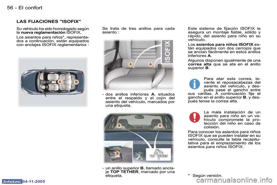 Peugeot 407 C 2005.5  Manual del propietario (in Spanish) �5�6 �-
�0�4�-�1�1�-�2�0�0�5
�5�7
�-
�0�4�-�1�1�-�2�0�0�5
�L�A�S� �F�I�J�A�C�I�O�N�E�S� �"�I�S�O�F�I�X�"
�S�u� �v�e�h�í�c�u�l�o� �h�a� �s�i�d�o� �h�o�m�o�l�o�g�a�d�o� �s�e�g�ú�n�  
�l�a� 
�n�u�e�v�a