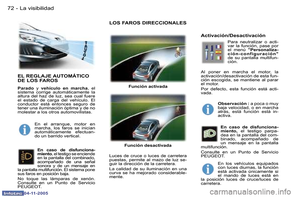 Peugeot 407 C 2005.5  Manual del propietario (in Spanish) �7�2 �-
�0�4�-�1�1�-�2�0�0�5
�7�3
�-
�0�4�-�1�1�-�2�0�0�5
�E�L� �R�E�G�L�A�J�E� �A�U�T�O�M�Á�T�I�C�O�  
�D�E� �L�O�S� �F�A�R�O�S
�P�a�r�a�d�o� 
�y�  �v�e�h�í�c�u�l�o�  �e�n�  �m�a�r�c�h�a �,�  �e�l�