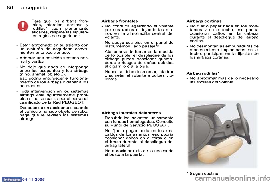 Peugeot 407 C 2005.5  Manual del propietario (in Spanish) �L�a� �s�e�g�u�r�i�d�a�d�8�6 �-
�0�4�-�1�1�-�2�0�0�5
�A�i�r�b�a�g� �r�o�d�i�l�l�a�s�* �-�  �N�o�  �a�p�r�o�x�i�m�a�r�  �m�á�s�  �d�e�  �l�o�  �n�e�c�e�s�a�r�i�o�  
�l�a�s� �r�o�d�i�l�l�a�s� �d�e�l� �
