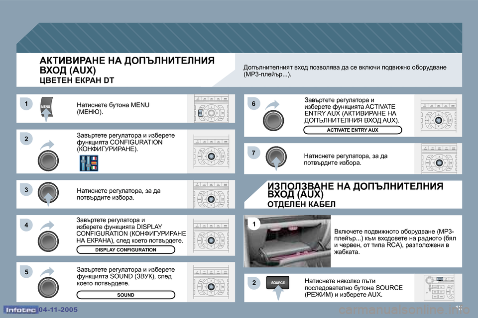 Peugeot 407 C 2005.5  Ръководство за експлоатация (in Bulgarian) �1�8
�2 
�3 
�4�5 �6 
�7
�2
�1
�1
Awytjl_l_� j_zmewlhjw� b�  
bax_j_l_� nmgdpbylw� �A�C�T�I�V�A�T�E� 
�E�N�T�R�Y� �A�U�X� �(WaiBYBgWd?� dW� 
>efqb