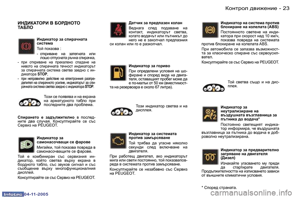 Peugeot 407 C 2005.5  Ръководство за експлоатация (in Bulgarian) �2�2 �-
�0�4�-�1�1�-�2�0�0�5
�2�3
�-
�0�4�-�1�1�-�2�0�0�5
Bg^bdZlhj� aZ� kibjZqgZlZ�  
kbkl_fZ 
Lhc� ihdZa\Z� �: 
�-�  hldjb\Zg_�  gZ�  aZl_]gZ