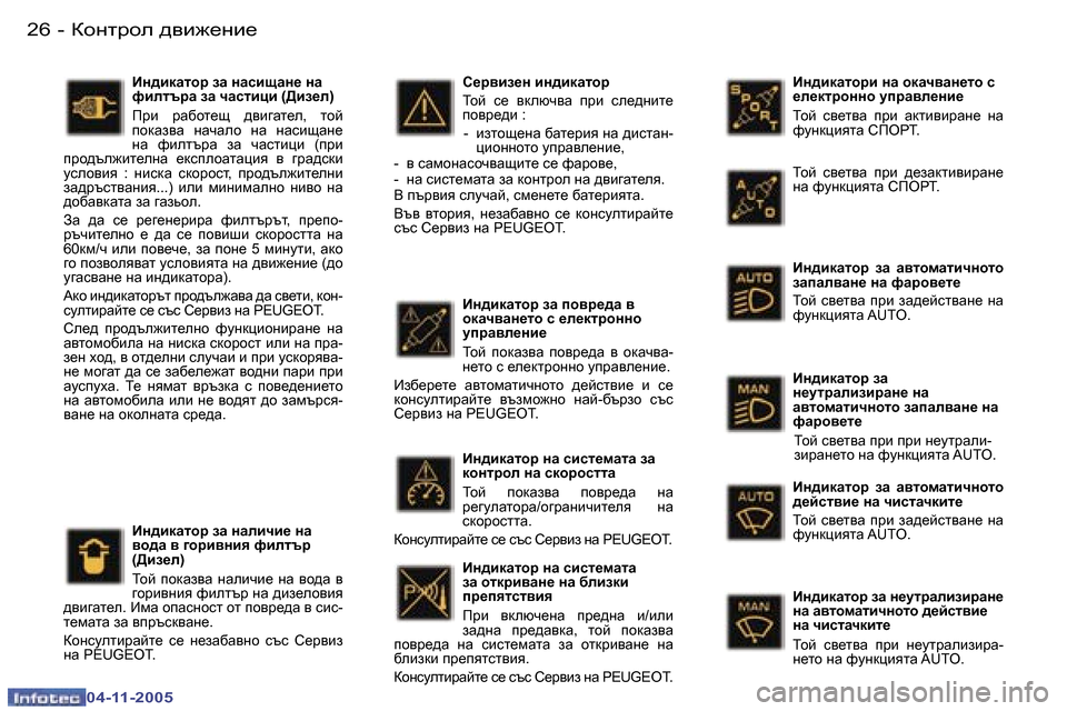 Peugeot 407 C 2005.5  Ръководство за експлоатация (in Bulgarian) �2�6 �-
�0�4�-�1�1�-�2�0�0�5
�2�7
�-
�0�4�-�1�1�-�2�0�0�5
Bg^bdZlhjb� gZ� hdZq\Zg_lh� k�  
_e_dljhggh� mijZ\e_gb_ 
Lhc�  k\_l\Z�  ijb�  Zdlb