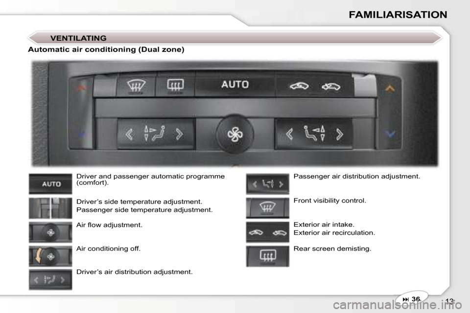 Peugeot 407 C Dag 2007  Owners Manual �1�3
�F�A�M�I�L�I�A�R�I�S�A�T�I�O�N
�V�E�N�T�I�L�A�T�I�N�G
�D�r�i�v�e�r� �a�n�d� �p�a�s�s�e�n�g�e�r� �a�u�t�o�m�a�t�i�c� �p�r�o�g�r�a�m�m�e�  
�(�c�o�m�f�o�r�t�)�. 
�D�r�i�v�e�r�’�s� �s�i�d�e� �t�e�