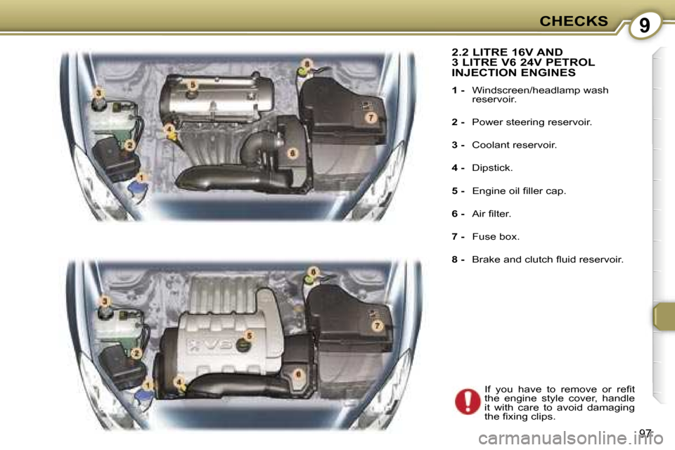 Peugeot 407 C Dag 2007  Owners Manual �9�C�H�E�C�K�S
�9�7
�2�.�2� �L�I�T�R�E� �1�6�V� �A�N�D�  
�3� �L�I�T�R�E� �V�6� �2�4�V� �P�E�T�R�O�L� 
�I�N�J�E�C�T�I�O�N� �E�N�G�I�N�E�S
�1� �-� �W�i�n�d�s�c�r�e�e�n�/�h�e�a�d�l�a�m�p� �w�a�s�h�  
�r