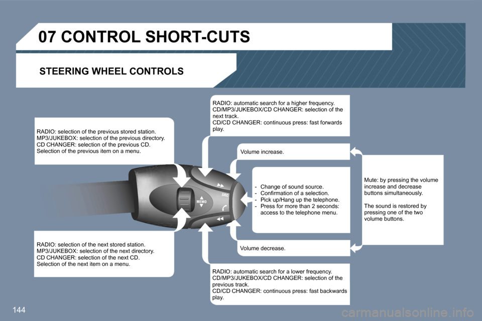 Peugeot 407 C Dag 2007  Owners Manual �1�4�4
�R�A�D�I�O�:� �s�e�l�e�c�t�i�o�n� �o�f� �t�h�e� �p�r�e�v�i�o�u�s� �s�t�o�r�e�d� �s�t�a�t�i�o�n�. 
�M�P�3�/�J�U�K�E�B�O�X�:� �s�e�l�e�c�t�i�o�n� �o�f� �t�h�e� �p�r�e�v�i�o�u�s� �d�i�r�e�c�t�o�r�