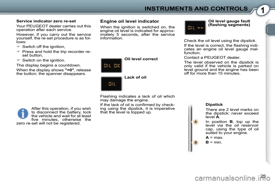 Peugeot 407 C Dag 2007  Owners Manual �1�I�N�S�T�R�U�M�E�N�T�S� �A�N�D� �C�O�N�T�R�O�L�S
�2�5
�S�e�r�v�i�c�e� �i�n�d�i�c�a�t�o�r� �z�e�r�o� �r�e�-�s�e�t 
�Y�o�u�r� �P�E�U�G�E�O�T� �d�e�a�l�e�r� �c�a�r�r�i�e�s� �o�u�t� �t�h�i�s�  
�o�p�e�r