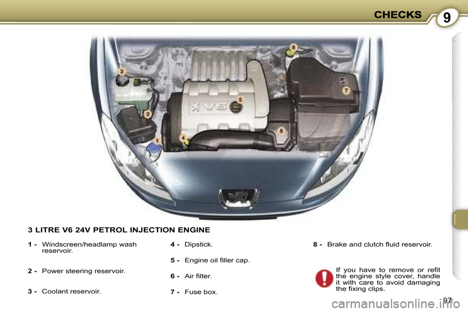 Peugeot 407 C Dag 2006.5  Owners Manual �9
�9�7
�3� �L�I�T�R�E� �V�6� �2�4�V� �P�E�T�R�O�L� �I�N�J�E�C�T�I�O�N� �E�N�G�I�N�E
�1� �-�  �W�i�n�d�s�c�r�e�e�n�/�h�e�a�d�l�a�m�p� �w�a�s�h� �r�e�s�e�r�v�o�i�r�.
�2� �-� �P�o�w�e�r� �s�t�e�e�r�i�n�