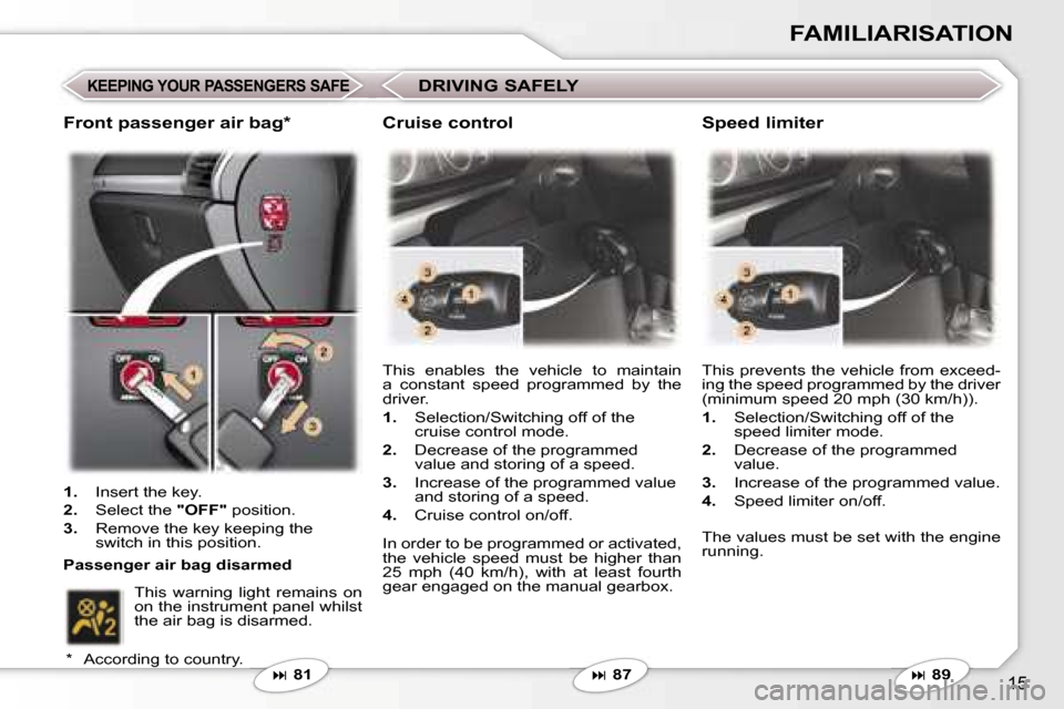 Peugeot 407 C Dag 2006.5  Owners Manual �1�5
�F�A�M�I�L�I�A�R�I�S�A�T�I�O�N
�K�E�E�P�I�N�G� �Y�O�U�R� �P�A�S�S�E�N�G�E�R�S� �S�A�F�E
�� �8�1�T�h�i�s�  �e�n�a�b�l�e�s�  �t�h�e�  �v�e�h�i�c�l�e�  �t�o�  �m�a�i�n�t�a�i�n�  
�a�  �c�o�n�s�t�