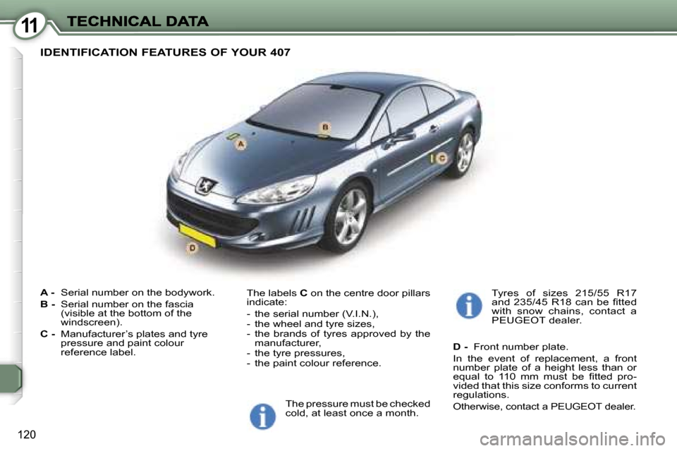 Peugeot 407 C Dag 2006.5  Owners Manual �1�1
�1�2�0
�A� �-� �S�e�r�i�a�l� �n�u�m�b�e�r� �o�n� �t�h�e� �b�o�d�y�w�o�r�k�.
�B� �-� �S�e�r�i�a�l� �n�u�m�b�e�r� �o�n� �t�h�e� �f�a�s�c�i�a� �(�v�i�s�i�b�l�e� �a�t� �t�h�e� �b�o�t�t�o�m� �o�f� �t�