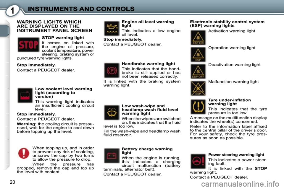 Peugeot 407 C Dag 2006.5  Owners Manual �1
�2�0
�T�y�r�e� �u�n�d�e�r�-�i�n�ﬂ�a�t�i�o�n� �w�a�r�n�i�n�g� �l�i�g�h�t
�T�h�i�s�  �i�n�d�i�c�a�t�e�s�  �t�h�a�t�  �t�h�e�  �t�y�r�e� �p�r�e�s�s�u�r�e� �i�s� �t�o�o� �l�o�w�.
�A� �m�e�s�s�a�g�e� 