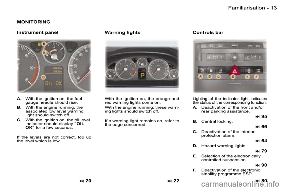 Peugeot 407 C Dag 2006  Owners Manual �1�3
�-
�M�O�N�I�T�O�R�I�N�G
�I�n�s�t�r�u�m�e�n�t� �p�a�n�e�l
�� �2�0
�W�i�t�h�  �t�h�e�  �i�g�n�i�t�i�o�n�  �o�n�,�  �t�h�e�  �o�r�a�n�g�e�  �a�n�d�  
�r�e�d� �w�a�r�n�i�n�g� �l�i�g�h�t�s� �c�o�m�