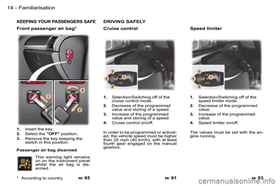 Peugeot 407 C Dag 2006  Owners Manual �1�4 �-
�K�E�E�P�I�N�G� �Y�O�U�R� �P�A�S�S�E�N�G�E�R�S� �S�A�F�E
�F�r�o�n�t� �p�a�s�s�e�n�g�e�r� �a�i�r� �b�a�g�*�� �8�5
�1�. �  �S�e�l�e�c�t�i�o�n�/�S�w�i�t�c�h�i�n�g� �o�f�f� �o�f� �t�h�e� 
�c�r�